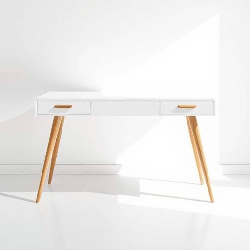 Bilde av et moderne skrivebord med en hvit bordplate og ben i eik. Skrivebordet har en minimalistisk design og praktiske skuffer.