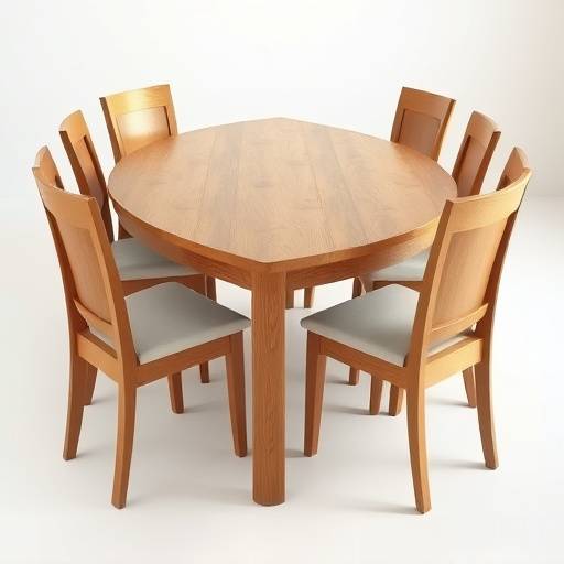Detaljert bilde av et elegant spisestuebord i eik med plass til seks personer. Bordplaten er glatt og finpolert, med synlige årringer. Bordbenene er solide og koniske.