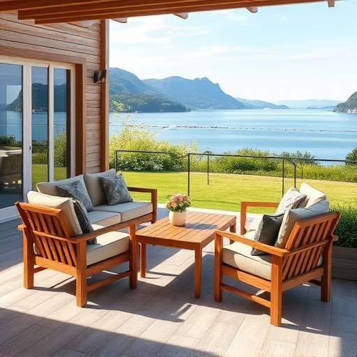Visning av en utendørs loungesett i teak med komfortable puter. Loungesettet er plassert på en terrasse med utsikt over fjorden.
